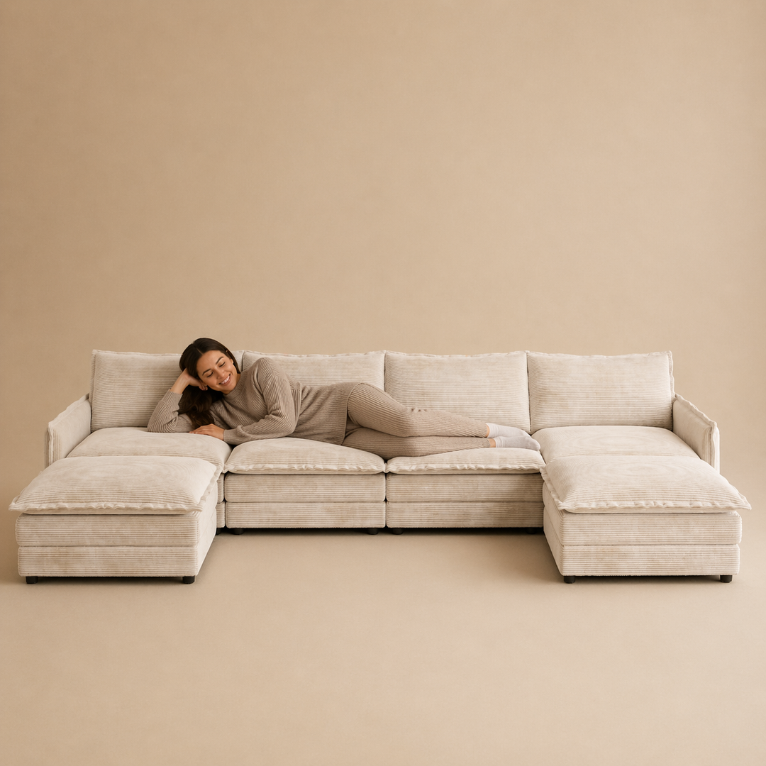 Buy farmhouse furniture Harper U-Shaped Modular Sofa Sectional | Beige Corduroy Farmhouse Couch with Ottoman - Modern Cottage Farmhouse Furniture