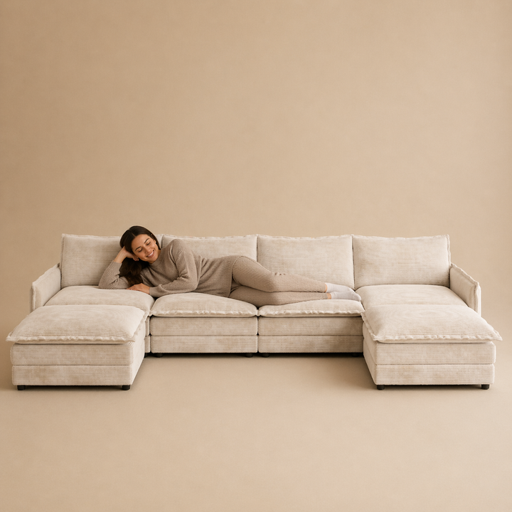 Buy farmhouse furniture Harper | U-Shaped Modular Sofa Sectional | Beige Corduroy Farmhouse Couch with Ottoman - Modern Cottage Farmhouse Furniture