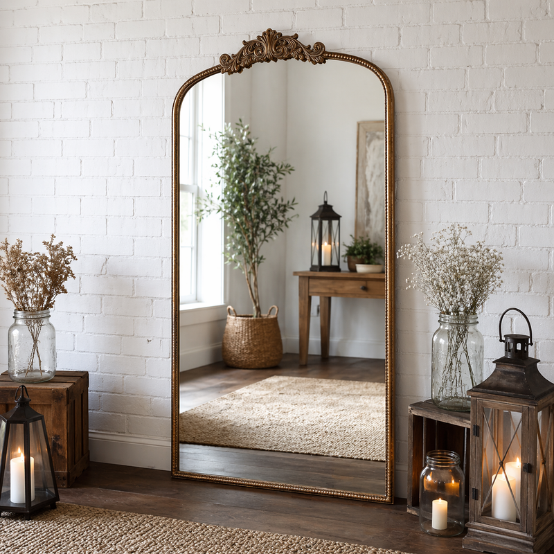 Buy farmhouse furniture Les Saules | Elegant Modern Farmhouse Gold Contemporary Large Arched Full Length Mirror - Modern Cottage Farmhouse Furniture