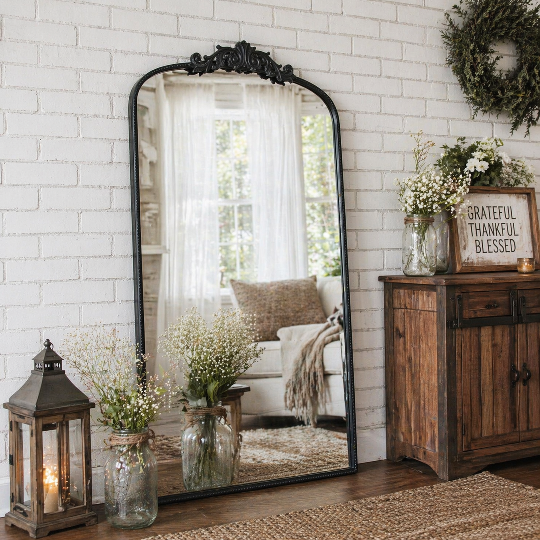 Buy farmhouse furniture Les Saules | Elegant Modern Farmhouse Black Contemporary Large Arched Full Length Mirror - Modern Cottage Farmhouse Furniture