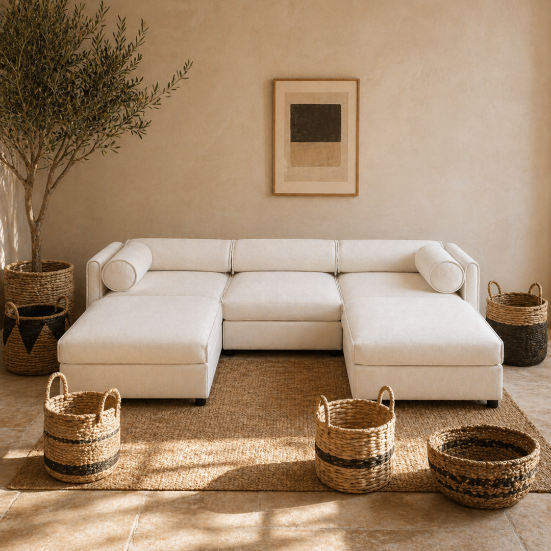 Buy farmhouse furniture Modern Farmhouse U-Shaped 3-Seater Cylindrical Backrest and Armrests Sofa Couch - Modern Cottage Farmhouse Furniture