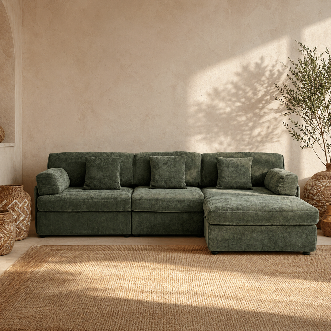 Buy farmhouse furniture Olea Farm | Oversized Green L-Shape 4 Seater Modular Farmhouse Sofa Couch - Modern Cottage Farmhouse Furniture