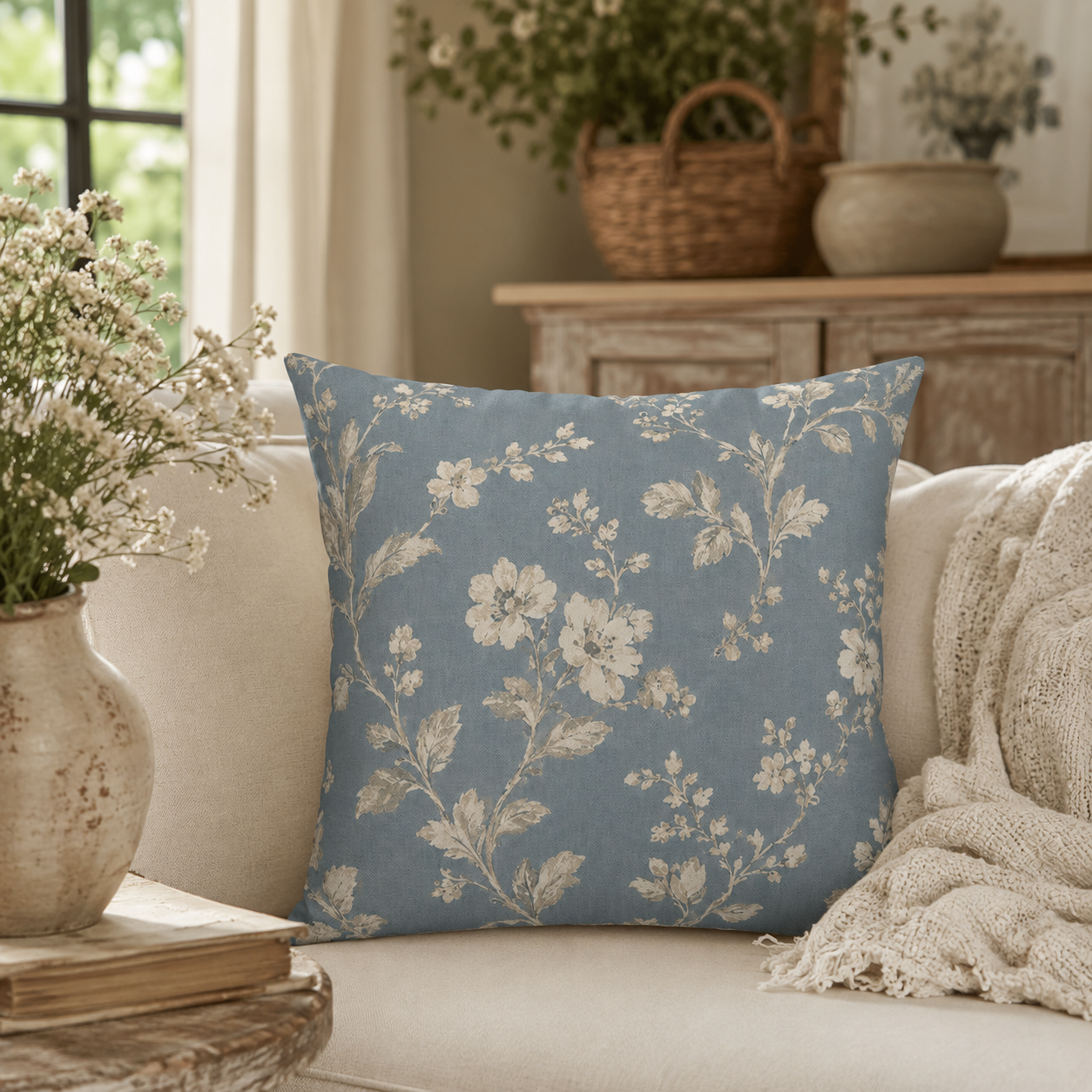 Blue cottage square floral pillowcase