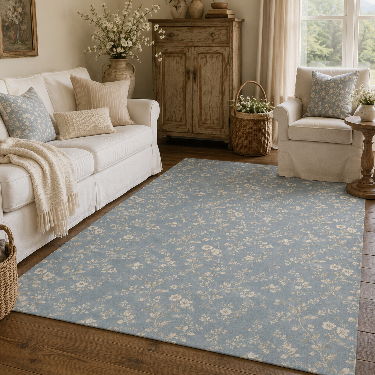 Vintage blue bell floral cottagecore area rug