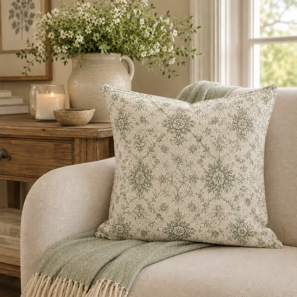 Buy farmhouse furniture Sage Green & Cream Woven Pillow By Artisan Blooms - Modern Cottage Farmhouse Furniture