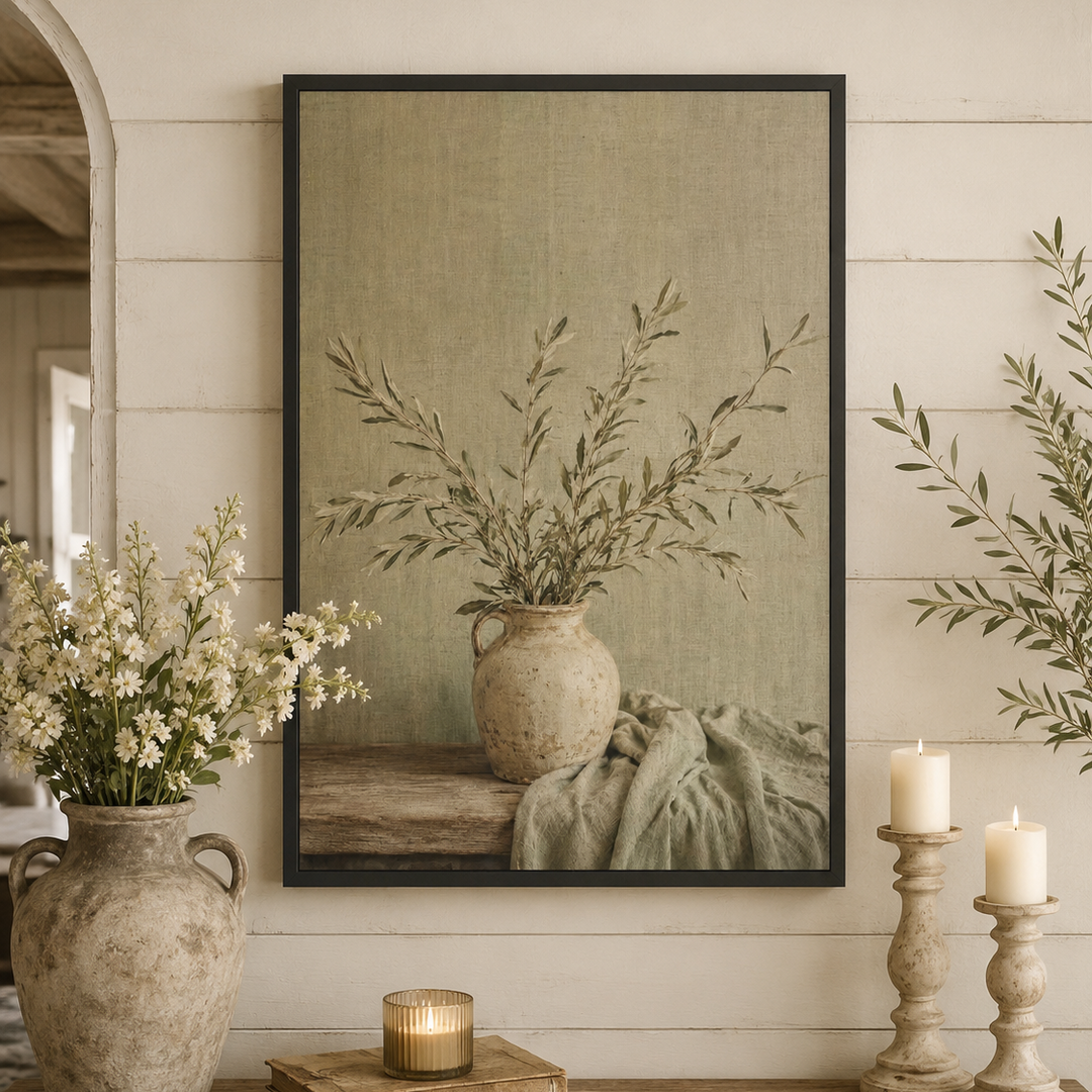 Botanical Farmhouse Vase Wall Art  — Framed Neutral Still Life Wall Art