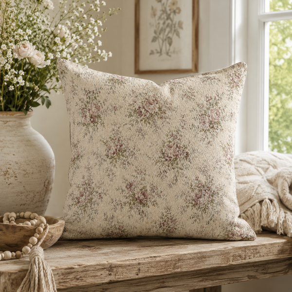 Buy farmhouse furniture Sage & Rose Cream Woven Pillow By Artisan Blooms - Modern Cottage Farmhouse Furniture