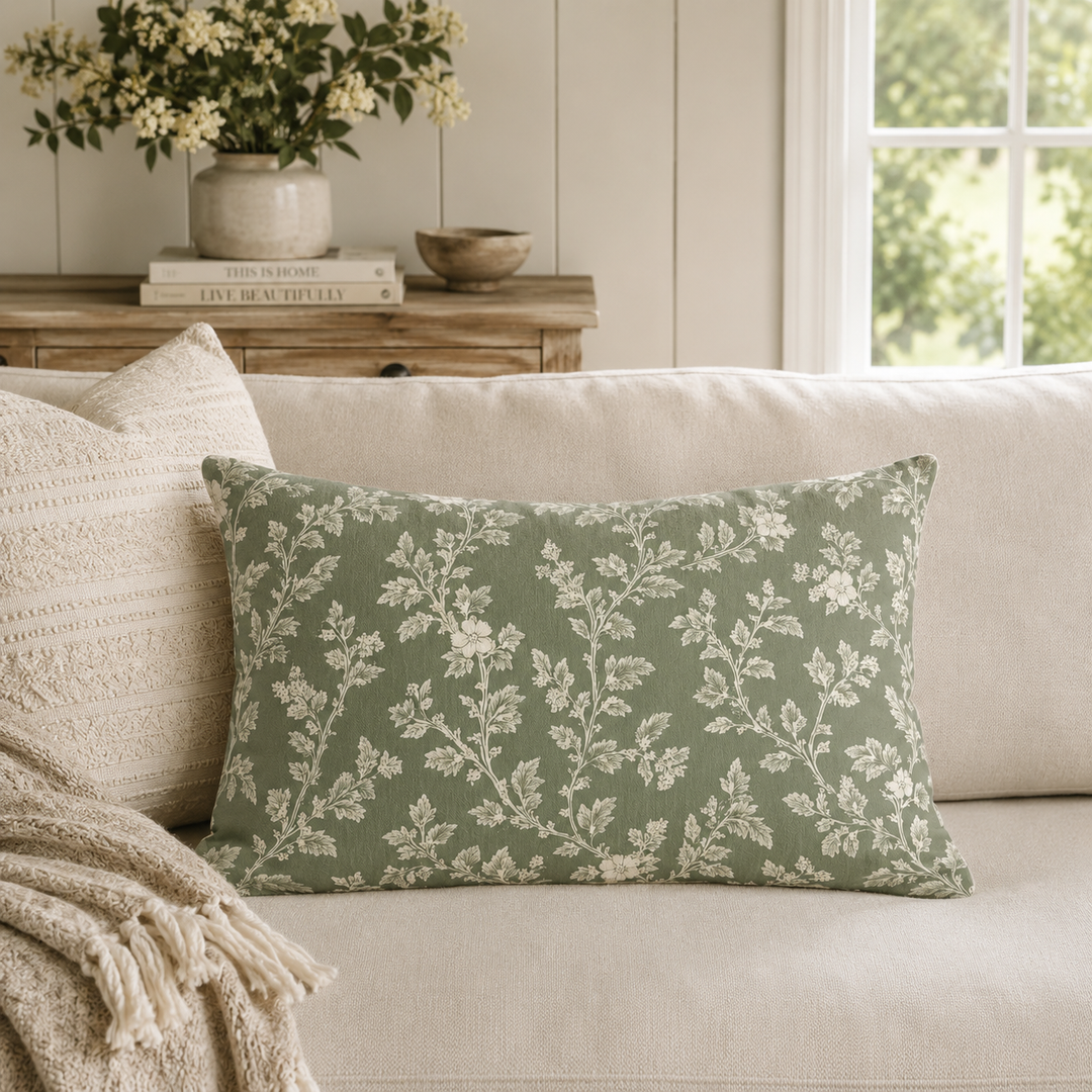 Sage and Cream Floral Lumbar Pillow