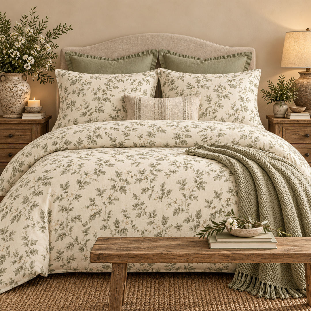 3pc Queen Size Sage &amp; Cream Artisan Blooms Cotton Bed Set