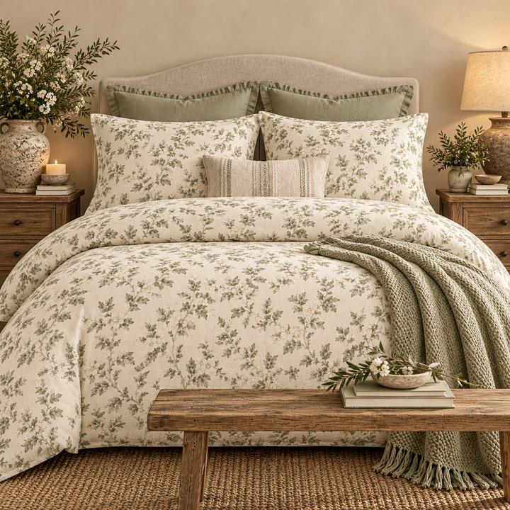 3pc Queen Size Sage &amp; Cream Artisan Blooms Cotton Bed Set