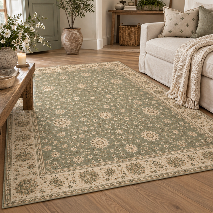 Sage Green Vintage Floral Cottage-Style Area Rug