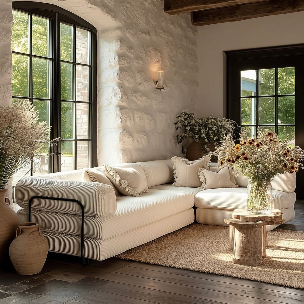 Le Marie • White L-Shaped Modular Modern European Farmhouse Style Sofa Bed in Corduroy - Mediterranean Italian Contemporary Home Decor Furniture