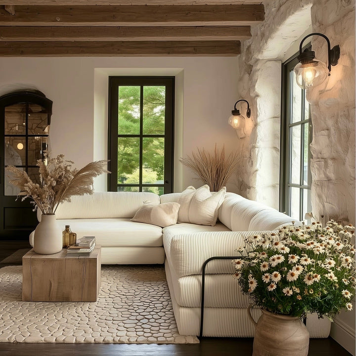 Le Marie • White L-Shaped Modular Modern European Farmhouse Style Sofa Bed in Corduroy - Mediterranean Italian Contemporary Home Decor Furniture