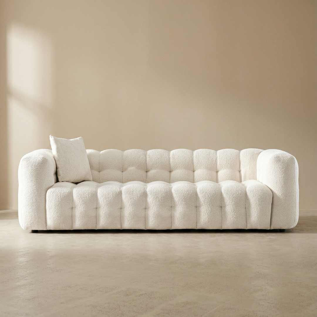 Buy farmhouse furniture The White Fence • Modern Farmhouse Cottage Boucle Fabric Sofa - Modern Cottage Farmhouse Furniture