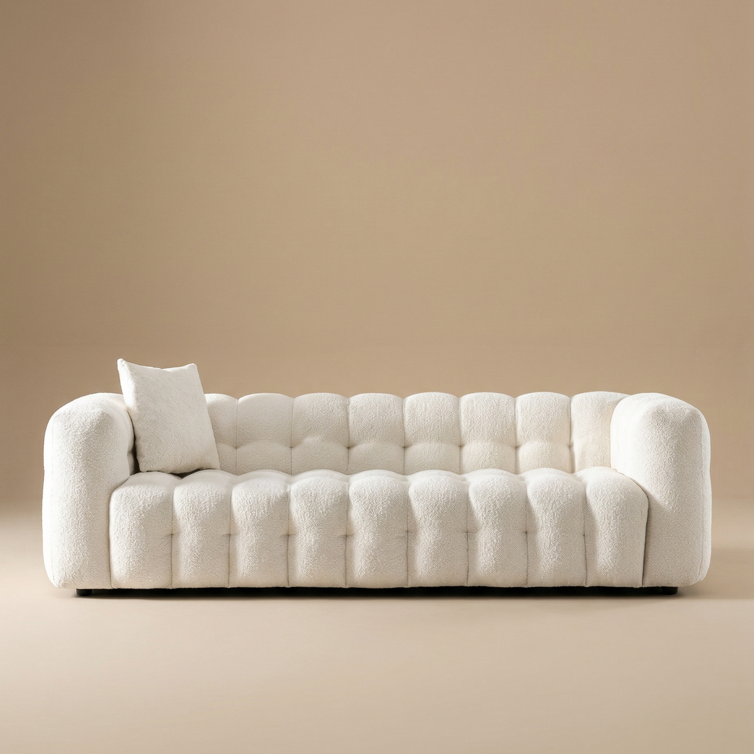 Buy farmhouse furniture The White Fence • Modern Farmhouse Cottage Boucle Fabric Sofa - Modern Cottage Farmhouse Furniture