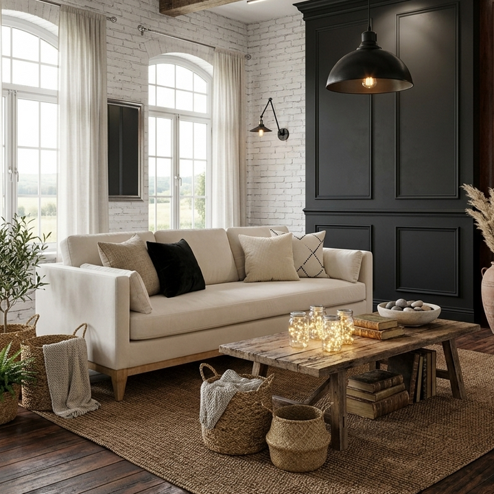 Buy farmhouse furniture Brookhaven • Beige Modern Cottage Farmhouse Sofa Couch - Modern Cottage Farmhouse Furniture