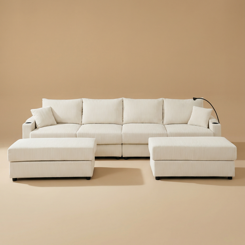 Beige sectional sofa with matching ottomans on a beige background