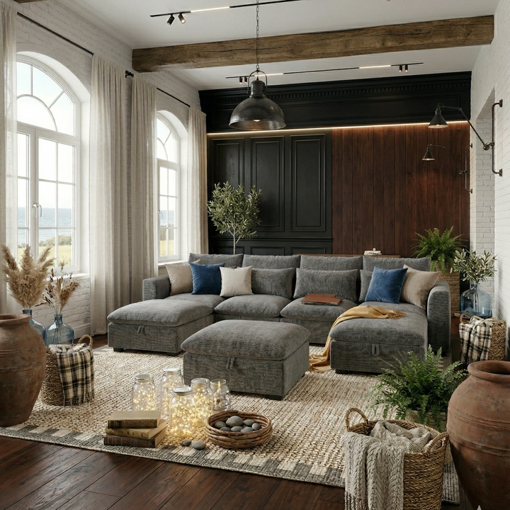 Buy farmhouse furniture Valletta Grande Gray U-Shape Modular Contemporary sofa Mediterranean U-Shape Sofa - Modern Cottage Farmhouse Furniture