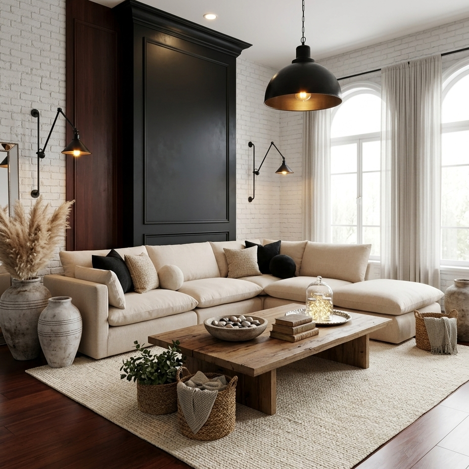 Buy farmhouse furniture Cream Linen Modern Farmhouse Sectional Sofa Couch | Charlie - Modern Cottage Farmhouse Furniture