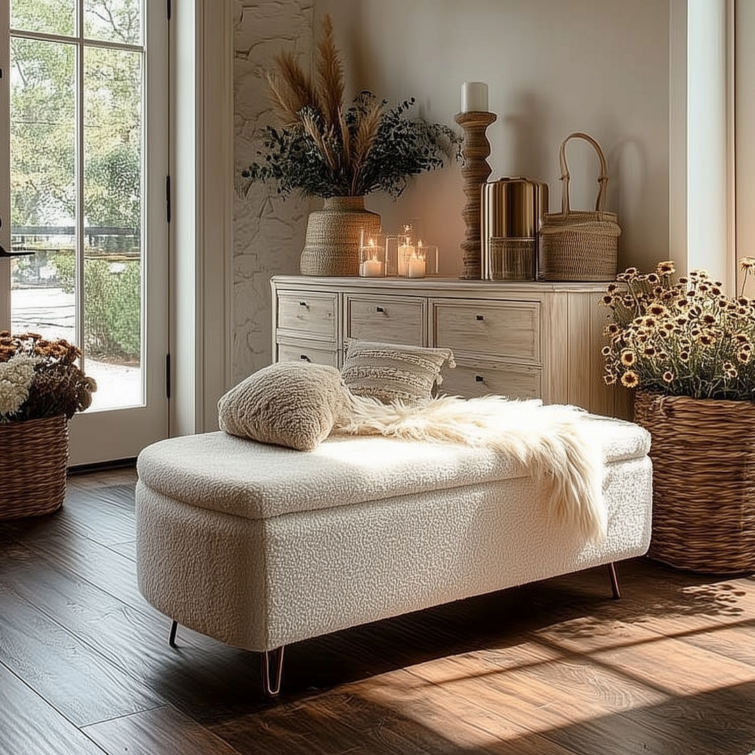 Buy farmhouse furniture Ivory White Mediterranean Farmhouse Bedside Storage Footstool - Modern Cottage Farmhouse Furniture