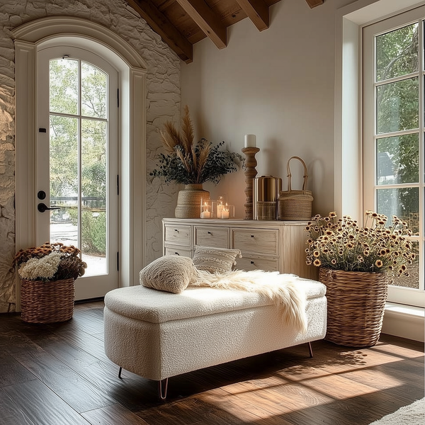 Ivory White Mediterranean Farmhouse Bedside Storage Footstool - Mediterranean Italian Contemporary Home Decor Furniture