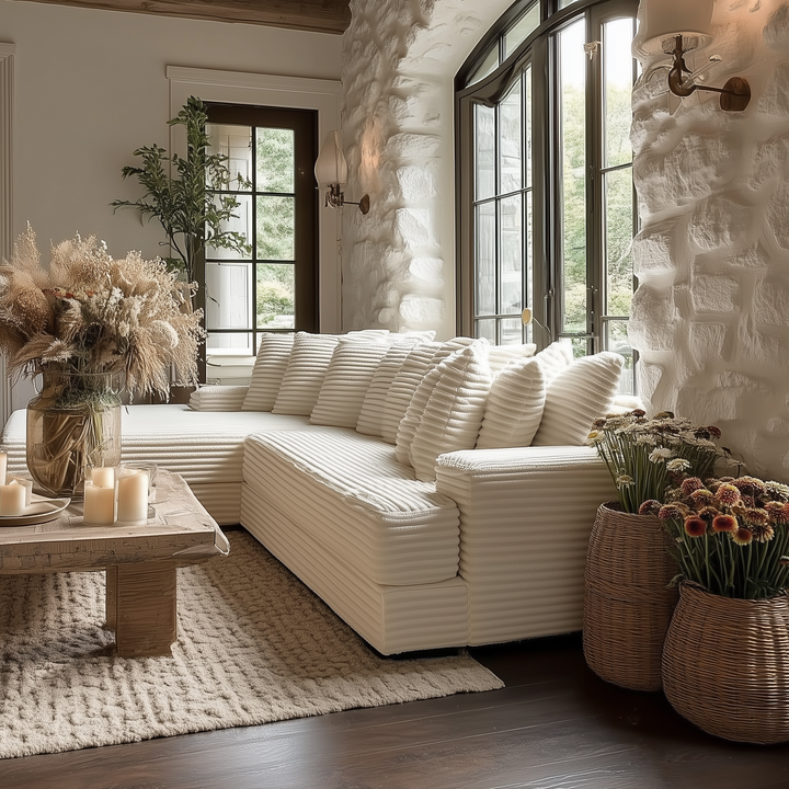 Le Eupopia • Oversized Beige European Farmhouse Style Two-Piece L Shaped Sofa Couch - Mediterranean Italian Contemporary Home Decor Furniture