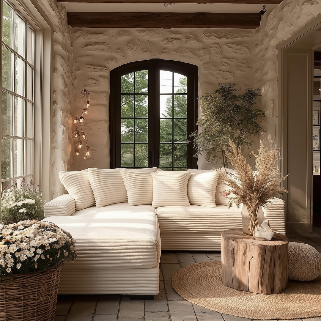 Le Eupopia • Oversized Beige European Farmhouse Style Two-Piece L Shaped Sofa Couch - Mediterranean Italian Contemporary Home Decor Furniture