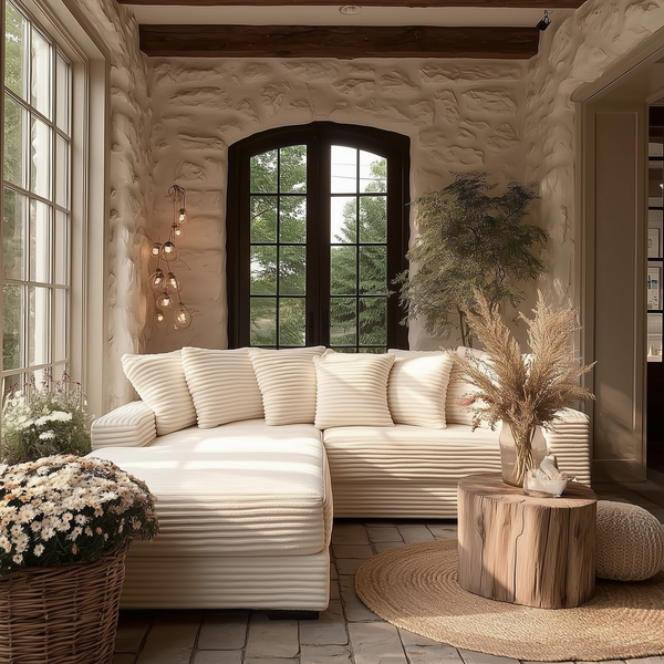 Le Eupopia • Oversized Beige European Farmhouse Style Two-Piece L Shaped Sofa Couch - Mediterranean Italian Contemporary Home Decor Furniture