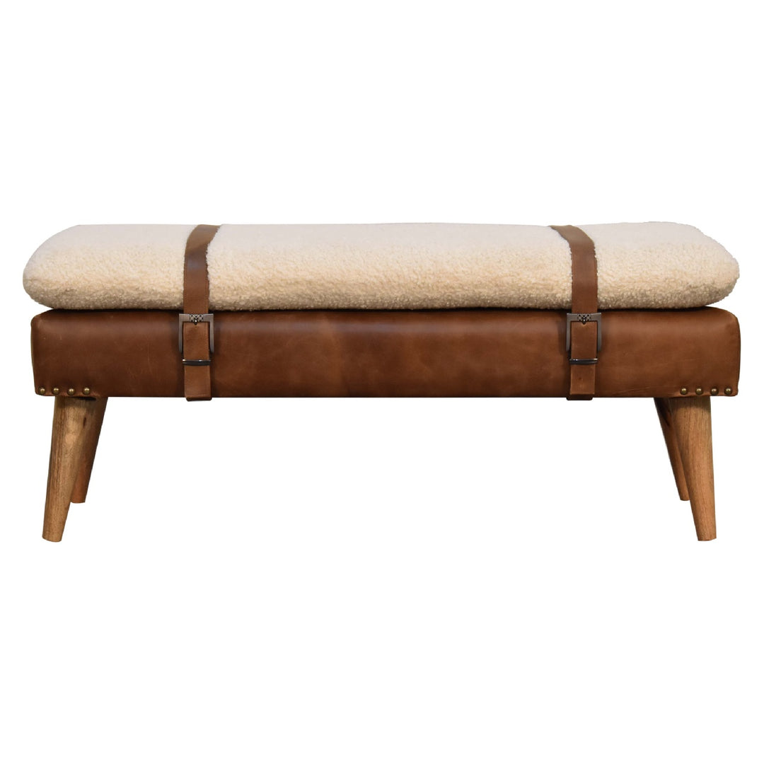 Buy farmhouse furniture Villa Toscana Brown Leather Bouclé Bench - Modern Cottage Farmhouse Furniture