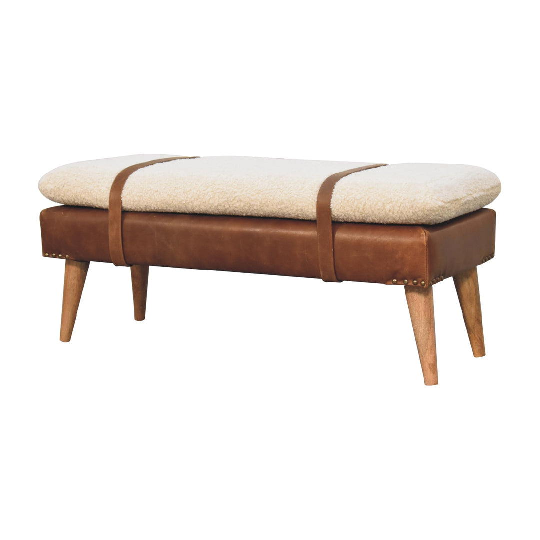 Buy farmhouse furniture Villa Toscana Brown Leather Bouclé Bench - Modern Cottage Farmhouse Furniture