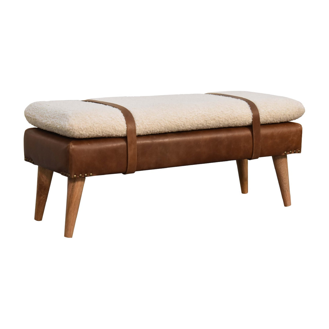 Buy farmhouse furniture Villa Toscana Brown Leather Bouclé Bench - Modern Cottage Farmhouse Furniture