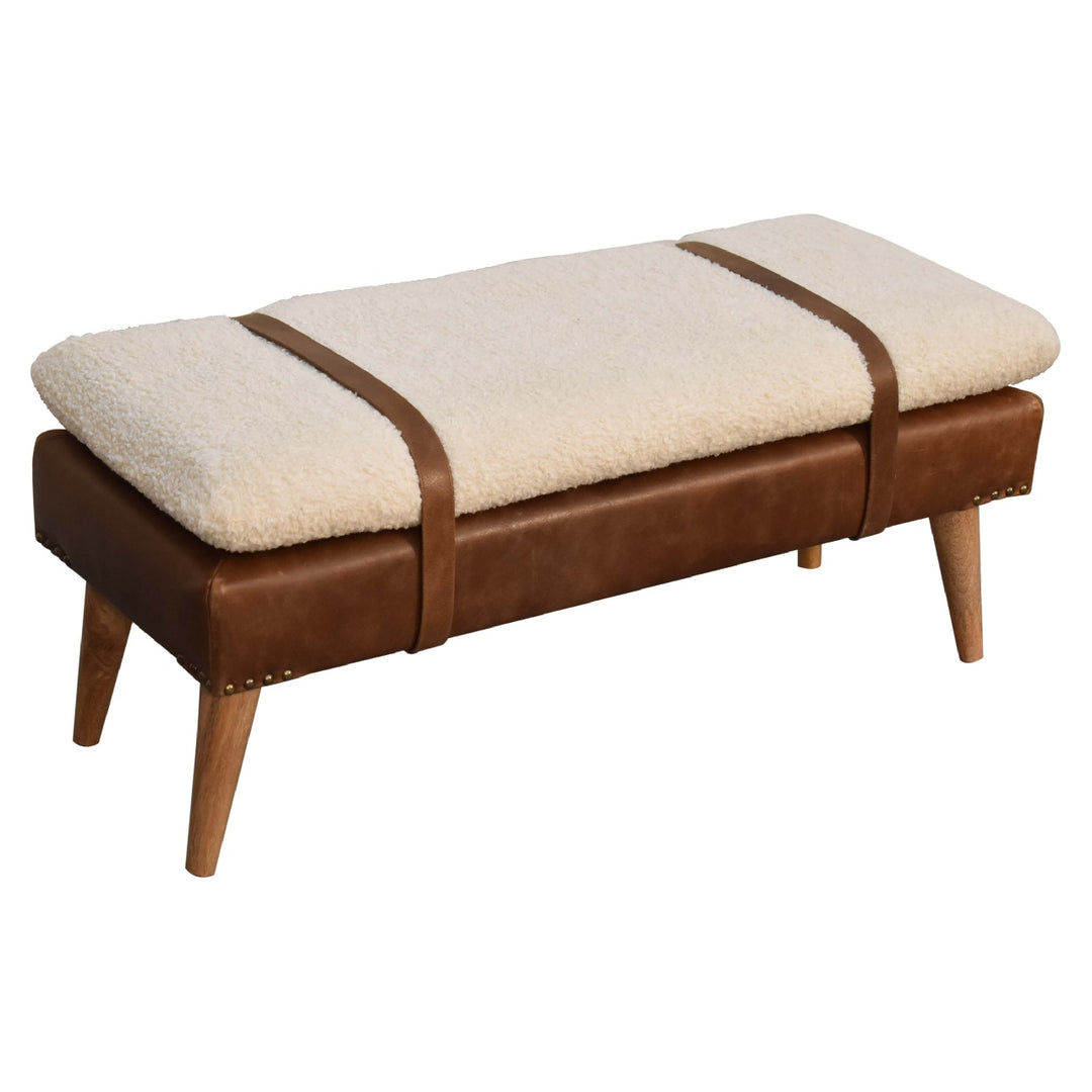 Buy farmhouse furniture Villa Toscana Brown Leather Bouclé Bench - Modern Cottage Farmhouse Furniture