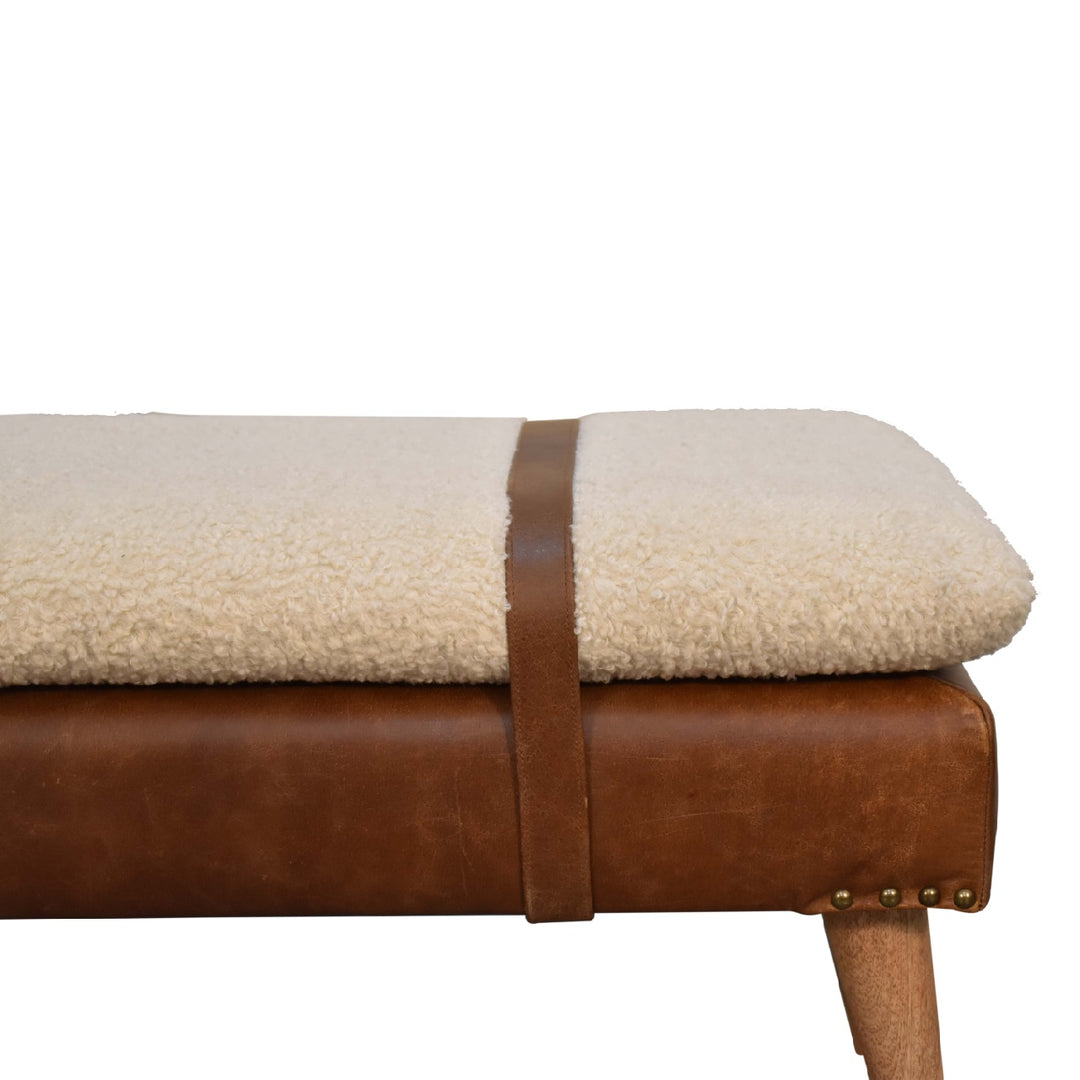 Buy farmhouse furniture Villa Toscana Brown Leather Bouclé Bench - Modern Cottage Farmhouse Furniture