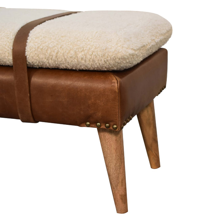 Buy farmhouse furniture Villa Toscana Brown Leather Bouclé Bench - Modern Cottage Farmhouse Furniture