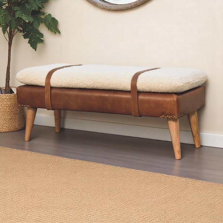 Buy farmhouse furniture Villa Toscana Brown Leather Bouclé Bench - Modern Cottage Farmhouse Furniture