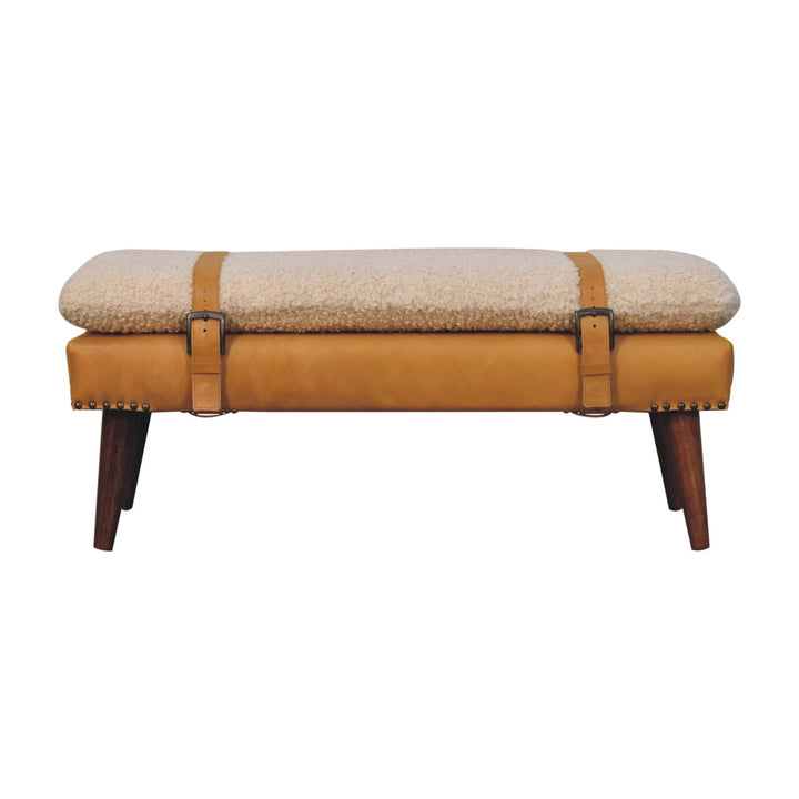 Villa Toscana Light Brown Beige Leather Bouclé Bench - Mediterranean Italian Contemporary Home Decor Furniture