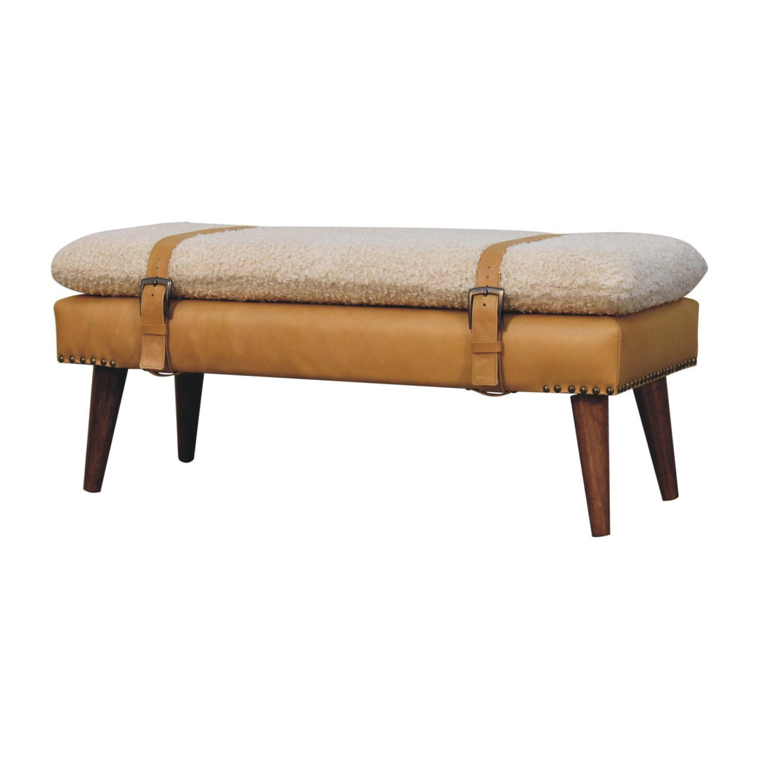 Villa Toscana Light Brown Beige Leather Bouclé Bench - Mediterranean Italian Contemporary Home Decor Furniture