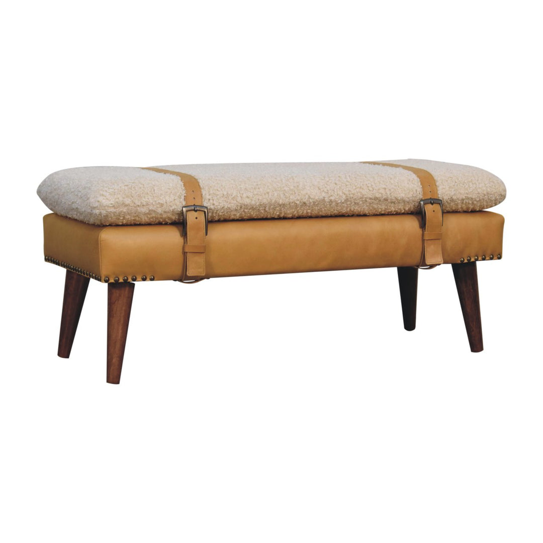 Villa Toscana Light Brown Beige Leather Bouclé Bench - Mediterranean Italian Contemporary Home Decor Furniture