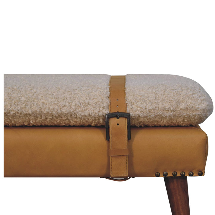 Villa Toscana Light Brown Beige Leather Bouclé Bench - Mediterranean Italian Contemporary Home Decor Furniture
