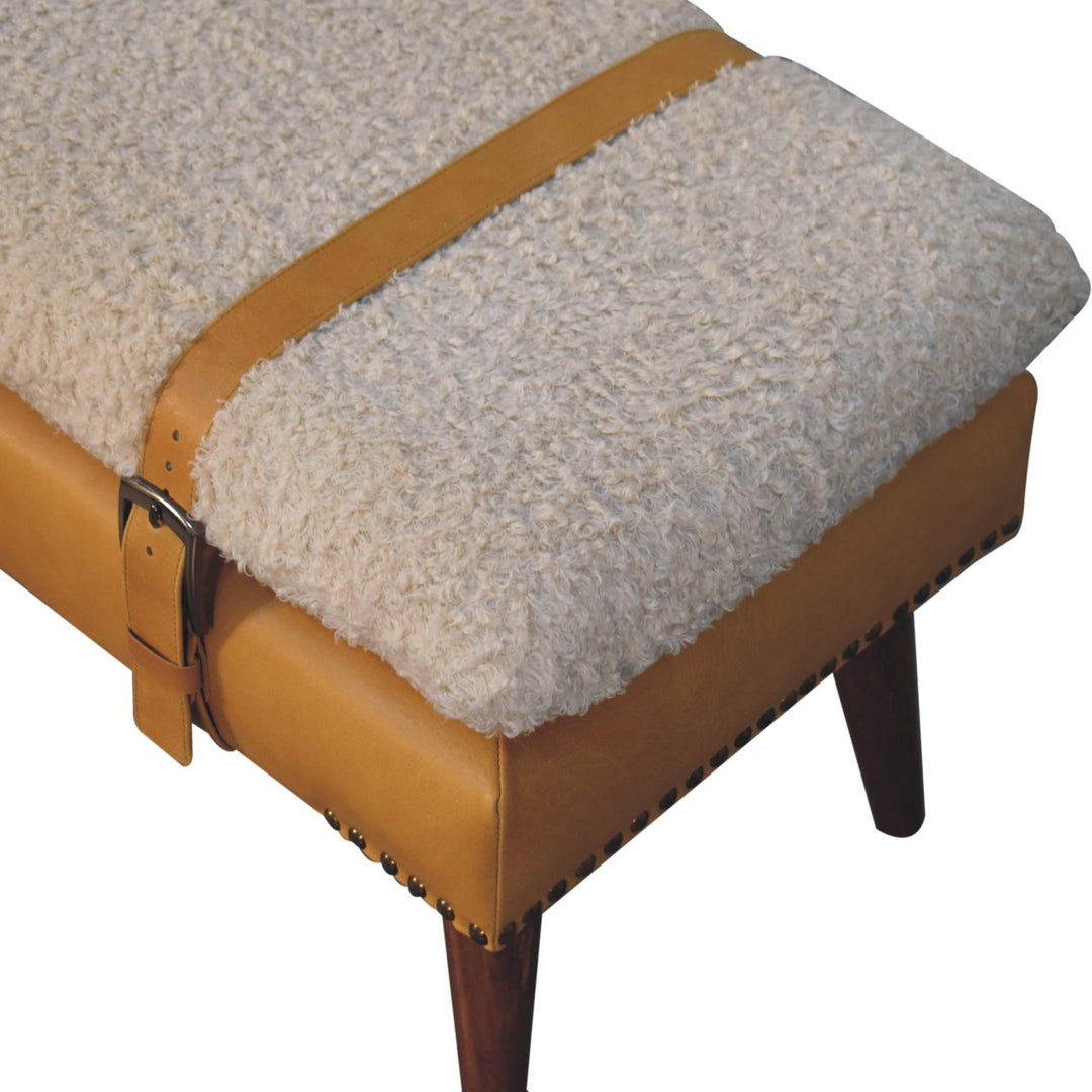 Villa Toscana Light Brown Beige Leather Bouclé Bench - Mediterranean Italian Contemporary Home Decor Furniture