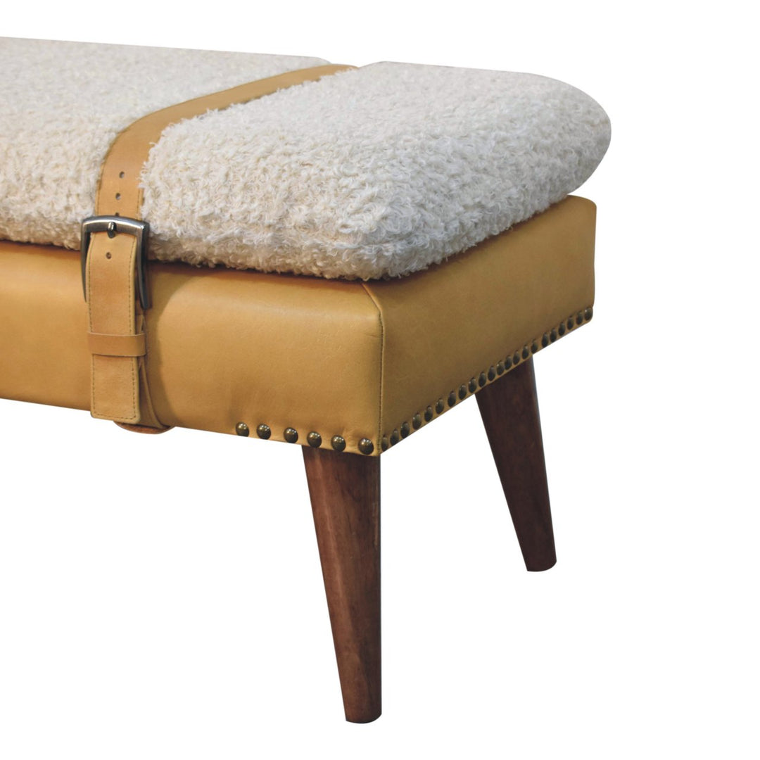 Villa Toscana Light Brown Beige Leather Bouclé Bench - Mediterranean Italian Contemporary Home Decor Furniture