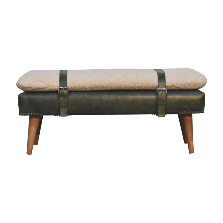 Villa Toscana Olive Leather Bouclé Bench - Mediterranean Tuscan Contemporary Home Decor Furniture