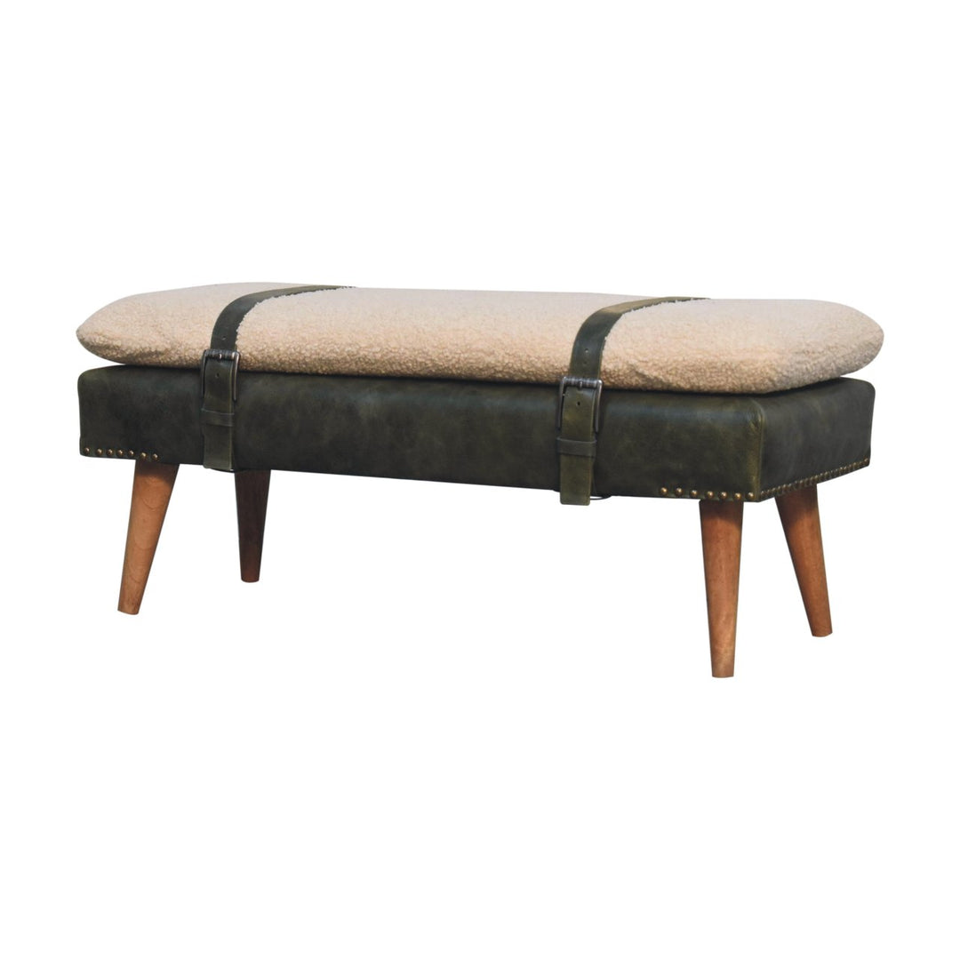 Villa Toscana Olive Leather Bouclé Bench - Mediterranean Tuscan Contemporary Home Decor Furniture