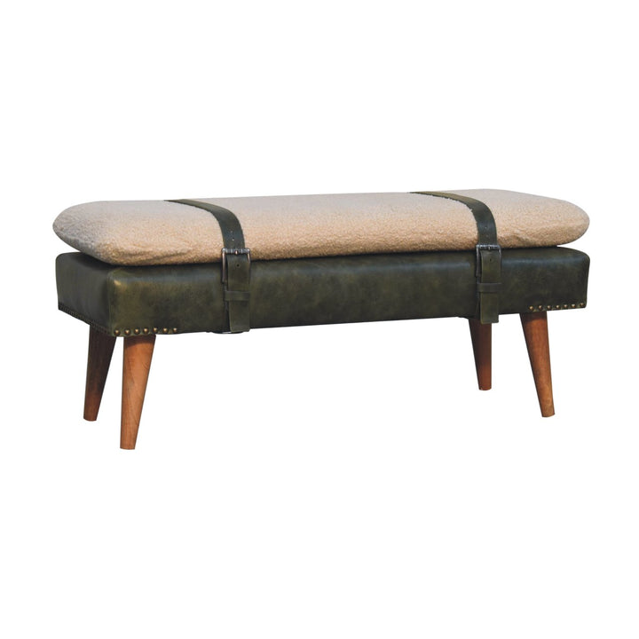 Villa Toscana Olive Leather Bouclé Bench - Mediterranean Tuscan Contemporary Home Decor Furniture