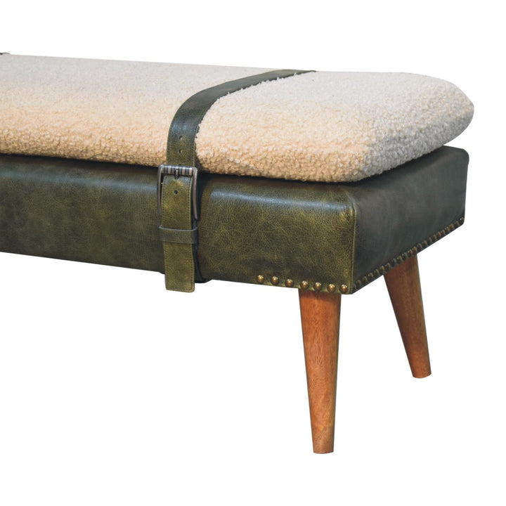 Villa Toscana Olive Leather Bouclé Bench - Mediterranean Tuscan Contemporary Home Decor Furniture