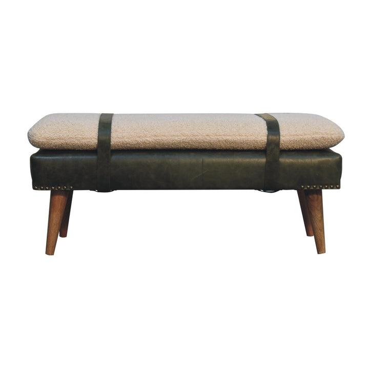 Villa Toscana Olive Leather Bouclé Bench - Mediterranean Tuscan Contemporary Home Decor Furniture