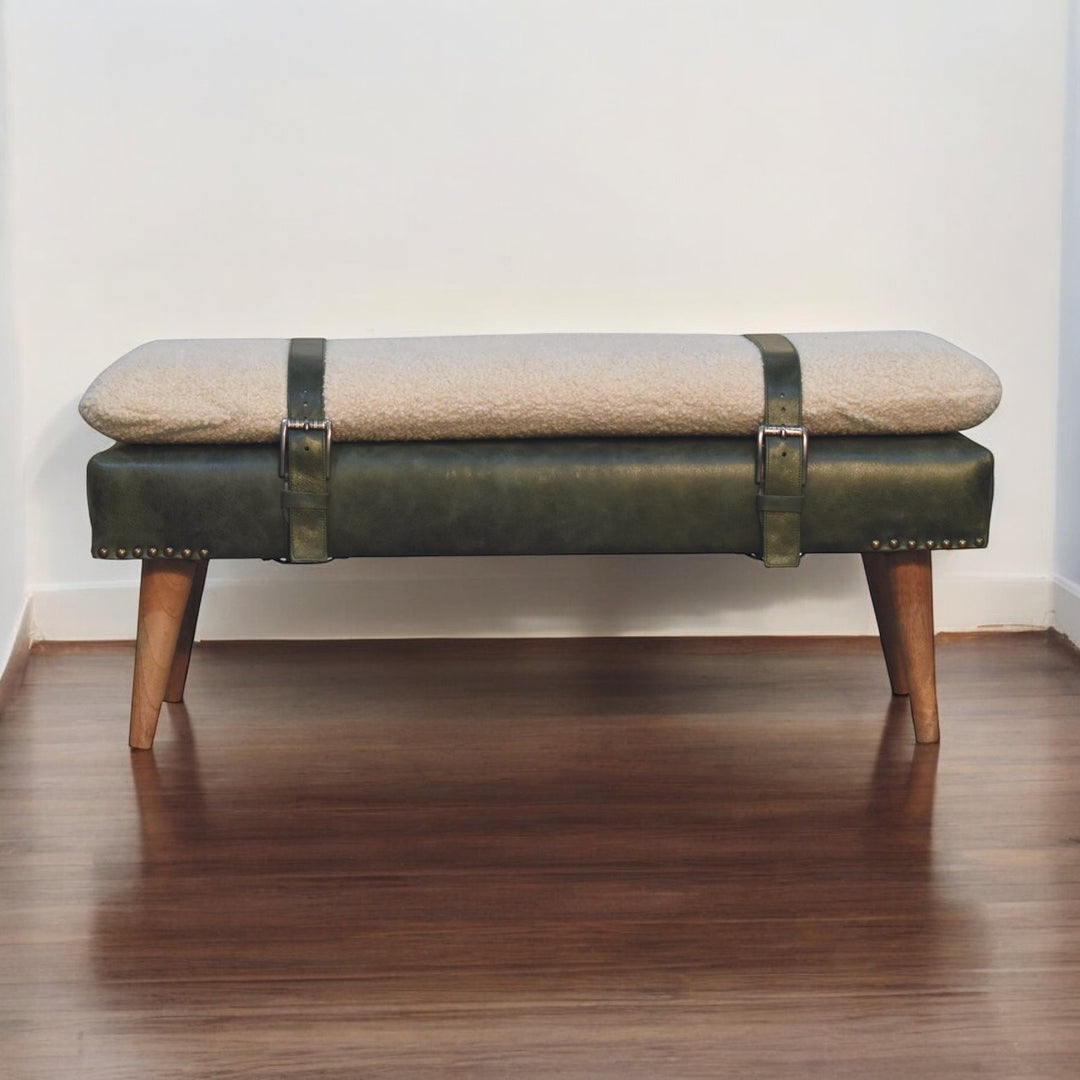 Villa Toscana Olive Leather Bouclé Bench - Mediterranean Tuscan Contemporary Home Decor Furniture