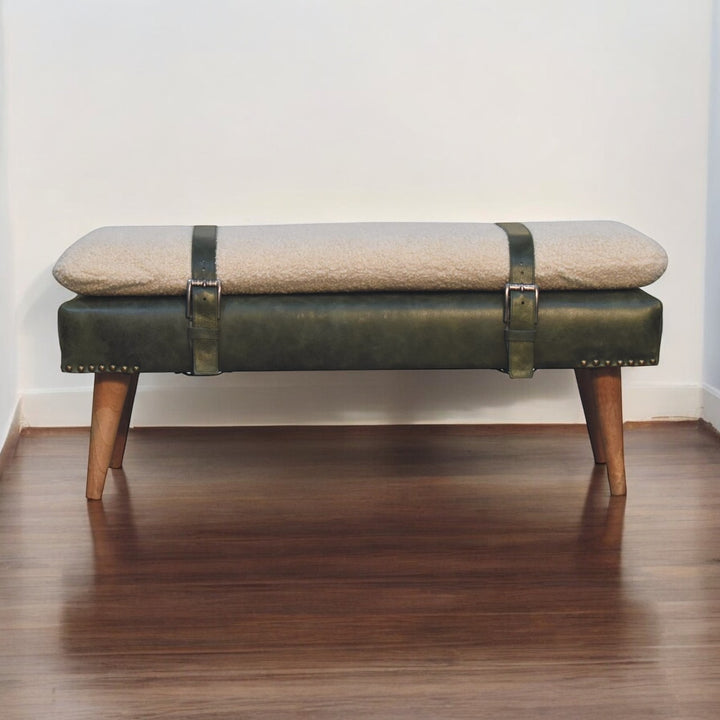 Villa Toscana Olive Leather Bouclé Bench - Mediterranean Tuscan Contemporary Home Decor Furniture