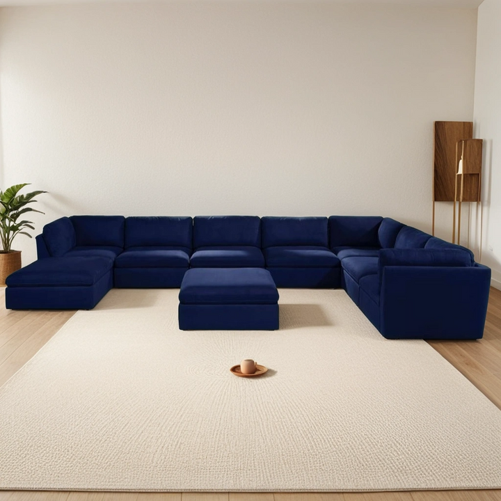 Boho Aesthetic Le Milan | Large Modern Blue Modular Sofa Sectional | Biophilic Design Airbnb Decor Furniture 