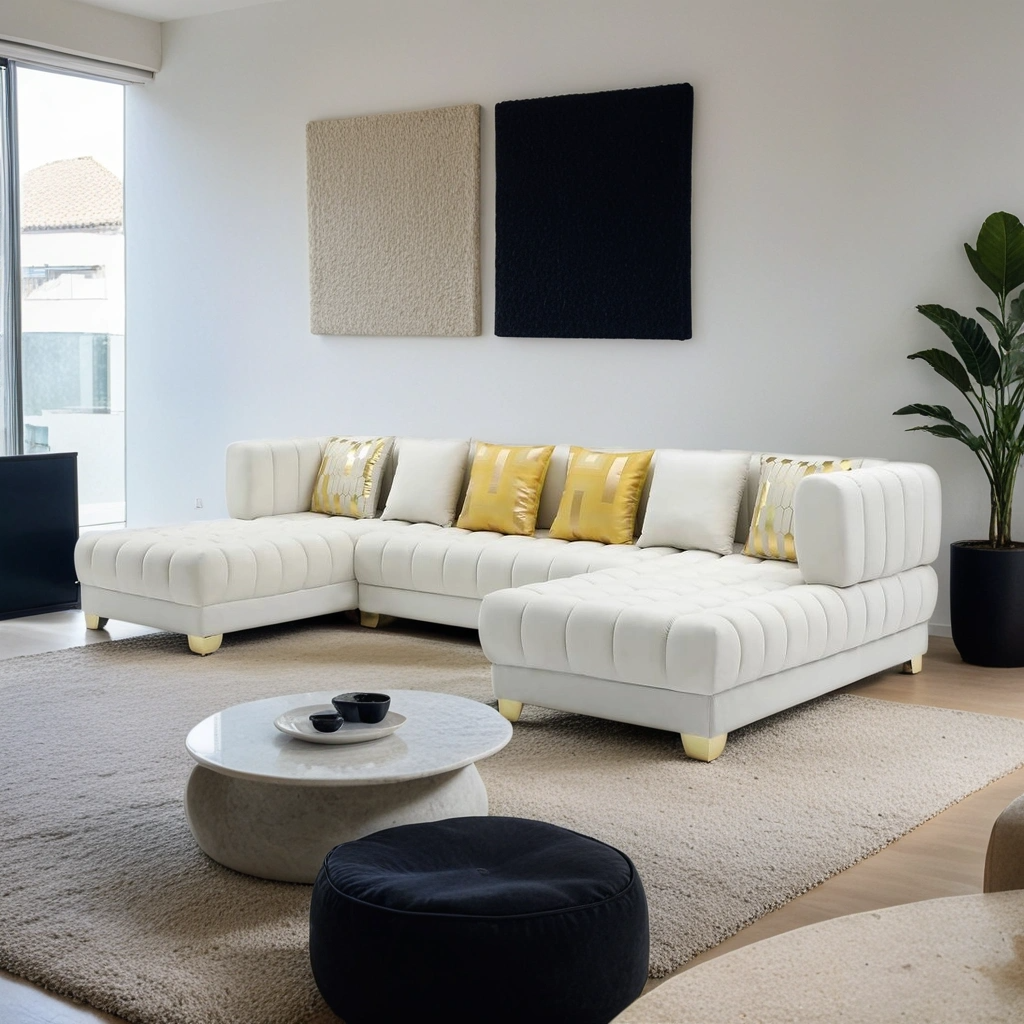 Boho Aesthetic Modern Large Italian White U-Shaped Double Chaise Sectional Sofa | Biophilic Design Airbnb Decor Furniture 